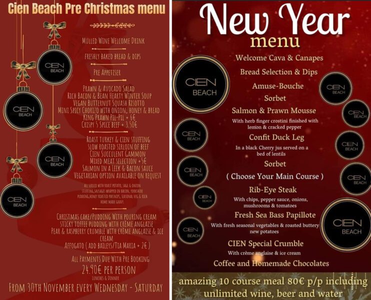 Cien Beach Restaurant Lo Pagan Christmas and New Year Menus